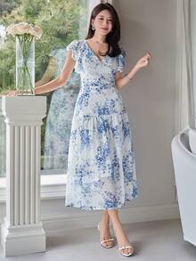 DAZY Ensemble 2 pièces femme, top à col V et volants floraux élégants et jupe. Tenue bohème d'été pour vacances - Bleu azur - Voir 4