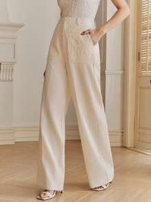 Anewsta Women's Elegant Unique Embroidered Long Suit Pants, Autumn/Winter - Beige - View 4
