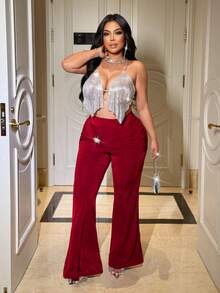 NU&NOW Plus Size Women's Red Autumn Elegant Satin Party Flare Pants,High Waist Rhinestone Twist Elastic Fitted Palazzo Trousers,Burgundy Wide Leg Pants - Burgundy - View 3