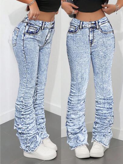 8-12 Yaş Arası Kızlar İçin Y2K Taşlanmış, Kat Kat Giyilen, Polar Astarlı, Vintage Mavi Pileli Geniş Paça Kot Pantolon, Sonbahar Sokak Giyim, Sonbahar Kış Okula Dönüş Mezuniyet Kot Pantolonu, Rahat ve Çok Yönlü, 8-12 Yaş Arası İçin Uygun, Okul, Ev ve Seyahat İçin İdeal