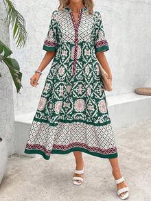 EMERY ROSE 女士复古宽松休闲连衣裙，夏季长款女装 - 墨綠色 - 查看 6