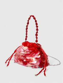 SHECARRY Bolso de mano con cordón y brillo para uso diario de moda para mujer - Rojo - Ver 2