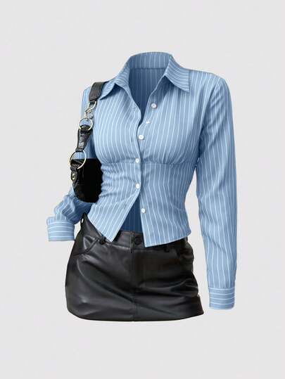 Sweetra Fashionable Textured Contrast Color Button Fitted Waist Flattering Striped Collar Long Sleeve Blouse For Women