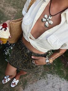 DAZY 女士常规腰围豹纹印花短款街头休闲牛仔迷你裙 - 軍綠色 - 查看 2