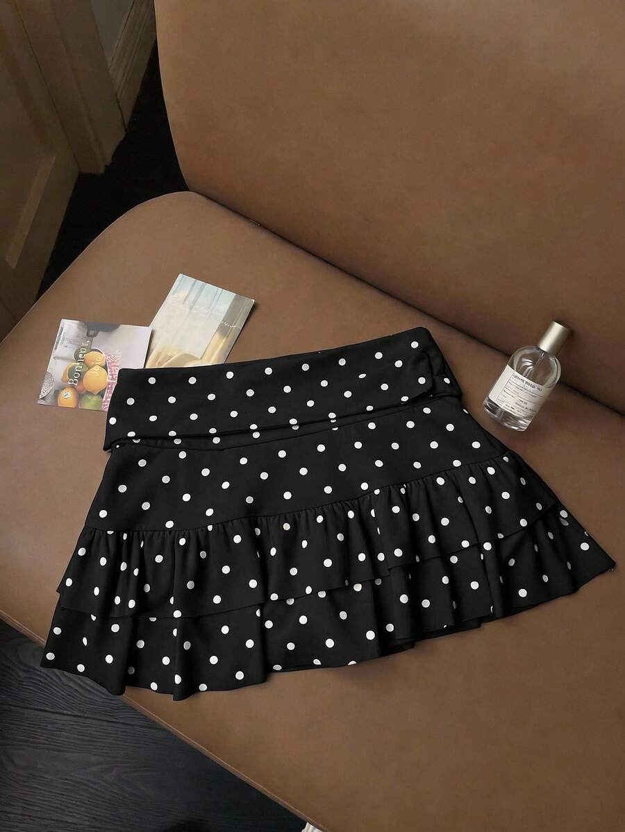 Comfortcana 女士休闲黑色波点针织半身裙,荷叶边下摆,夏季 - 黑色 - 查看 1