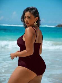 SHEIN Swim Lushore Traje de baño de una pieza de unicolor estilizador para tallas grandes - Burdeos - Ver 2