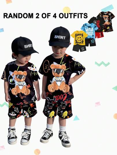4pcs/Set Infant/Toddler Boys' Casual Creative Graphic Tee And Shorts Sets, Comfortable Cozy Summer & Fall Outfits