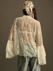 SoleilVie 女士立领插肩袖优雅衬衫 - 杏色 - 查看 2