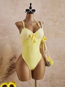 Swim Mod Traje de baño de una pieza para mujer con diseño de flores estampadas y nudo delantero, lindo para la playa y vacaciones, verano - Amarillo - Ver 4