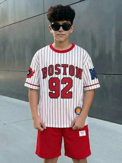两件套男童休闲时尚经典款Y2K风格英文“BOSTON”针织衫，酷炫风格，92号，运动宽松舒适短袖T恤和短裤套装，适合春夏穿着