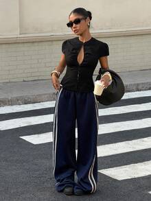 Muchica 女士纯色立领镂空休闲百搭日常短袖衬衫，春季女装 - 黑色 - 查看 3