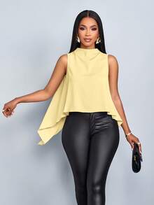 SOLERSUN 女士春夏度假纯色优雅不对称下摆无袖衬衫 - 淡黃色 - 查看 3