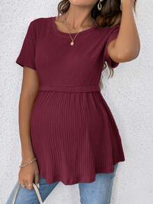 SHEIN Tricou elegant și romantic pentru maternitate, cu guler rotund și mânecă scurtă, model romantic, pentru petrecere, cu dezvăluirea sexului - Burgundia - Vizualizare 3