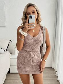 Louniche 女士V领菱形网纱纹理可调节肩带春夏毛衣连衣裙 - 駝色 - 查看 7