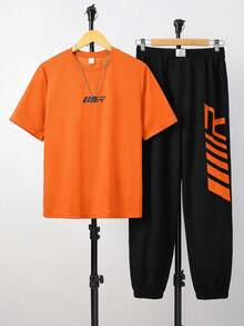 SHEIN Tween Boys'Burnt Orange T-Shirt & Black Sweatpants Set,Sporty Casual Summer Vacation Activewear,Collegiate Style Soft Fabric 2pcs Athletic Outfit - Multicolor - View 3