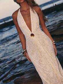 Opulessa 纯色钩编蕾丝露背吊带连衣裙，适合春夏穿着。 - 杏色 - 查看 1