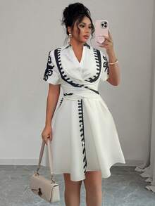 Rafferiza 女士夏季法式休闲度假简约翻领短袖交叉系带印花短款休闲连衣裙 - 杏色 - 查看 3