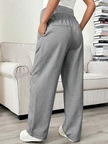 SHEIN Pantalones casuales sueltos con pliegues y cintura ajustable de unicolor para maternidad - Gris Claro - Ver 2