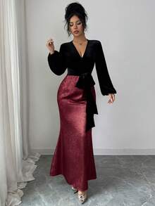 SHEIN Raffinéa Women's Elegant Black & Gold Color Block V-Neck Belted Velvet Top With Skirt,Suitable For Autumn,Formal Evening Party,Dining,And Holiday Occasions - Red - View 8