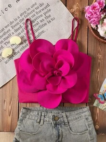 SHEIN Tween Girl Elegant Spaghetti Strap 3D Floral Decor Tank Top Tween Girl - Hot Pink - View 1