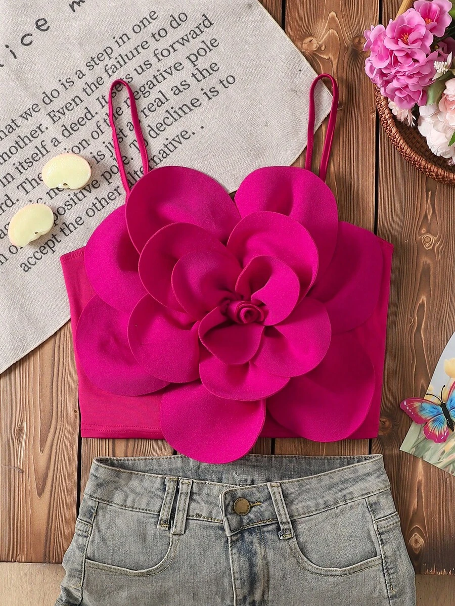 SHEIN Tween Girl Elegant Spaghetti Strap 3D Floral Decor Tank Top Tween Girl - Hot Pink - View 1