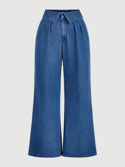 Sweetra Women's Casual Pleated High Waist Wide Leg Jeans Plus Size, Suitable For All Seasons