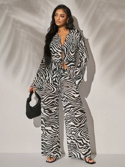 Radiana Women's Summer Sexy Casual Zebra Print Chiffon 2-Piece Set, Ruffled Chiffon Cover Up Top And High Waist Wide Leg Pants, Lightweight Flowing Chiffon Set, Cover Up Set, Pants Set, Casual 2-Piece Set, Casual Wear, Comfortable Relaxed Casual Holiday Set, Beach Set, Swimsuit Cover Up, Suitable For Casual Outings, Island Vacations, Beaches, Holidays, Festivals, Concerts