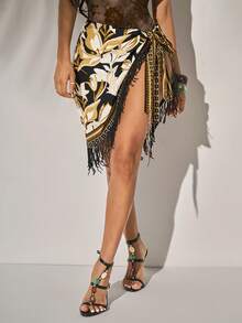 Radiana Women's Black Floral Summer Boho Beach Holiday Mini Skirt,Unique Printed Tassel Asymmetric Hem Wrap Tie Waist Sarong Cover Up Skirt - Multicolor - View 2