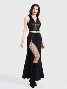 Breakform Áo hai dây lửng ôm sát, kiểu dáng Gothic gợi cảm dành cho nữ, chất liệu dệt kim dập nổi họa tiết da cá sấu, thiết kế mở phía trước, có lỗ xỏ trang trí và dây rút. - màu đen - Xem 1