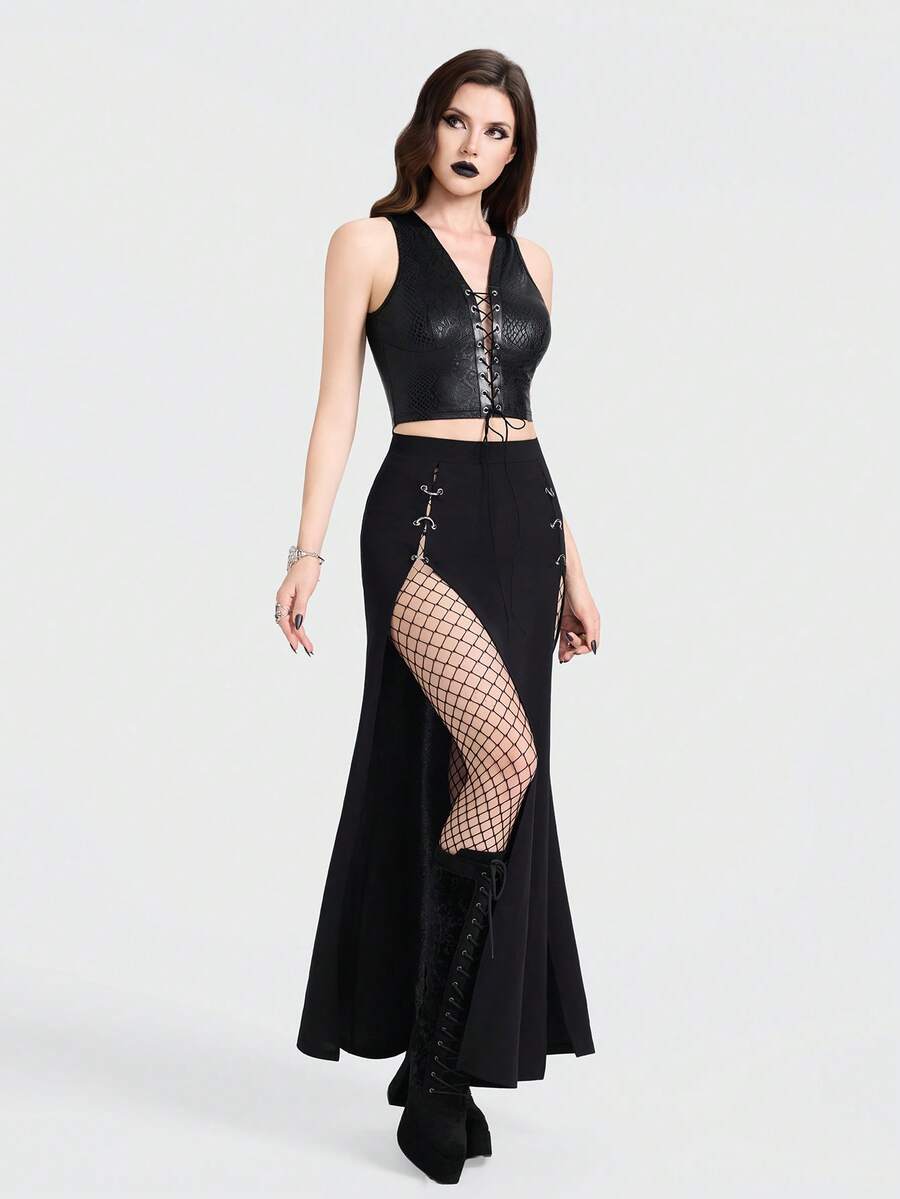 Breakform Áo hai dây lửng ôm sát, kiểu dáng Gothic gợi cảm dành cho nữ, chất liệu dệt kim dập nổi họa tiết da cá sấu, thiết kế mở phía trước, có lỗ xỏ trang trí và dây rút. - màu đen - Xem 1