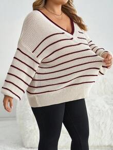 SHEIN CURVE+ Plus Size Bowknot Back Sweater, Striped Pattern Pullover Autumn Winter Clothes For Women - Burgundy - View 4