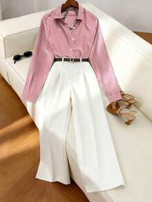 Airaco 2pcs Casual Commuter Striped Long Sleeve Shirt With Belt Decor & Straight Leg Pants Set - Pink - View 3