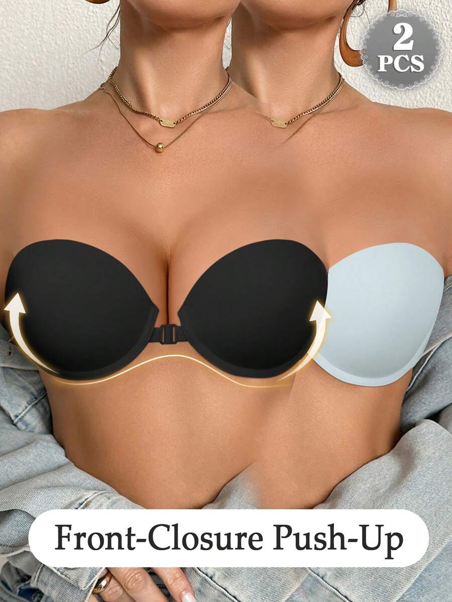 DesireSculpt 2pcs Women's Solid Color Comfortable Strapless Minimalist Design Front Hook Bras - Multicolor - View 1