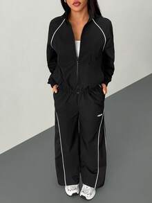 SHEIN PETITE 2pcs Women Streetwear Athleisure Cargo Outfit: Reflective Lapel Windbreaker Coat And Cargo Parachute Pants, Suitable For Spring/Autumn - Black - View 4