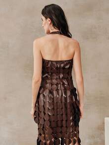Anewsta New Elegant Women's Halter Burnout Polka Dot Sexy Backless Hollow Out Tassel Sleeveless Blouse Top, Spring/Summer - Brown - View 3