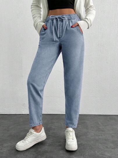 EURMUSE Women's Drawstring Waist Pocket Casual Tapered Leg Jeans