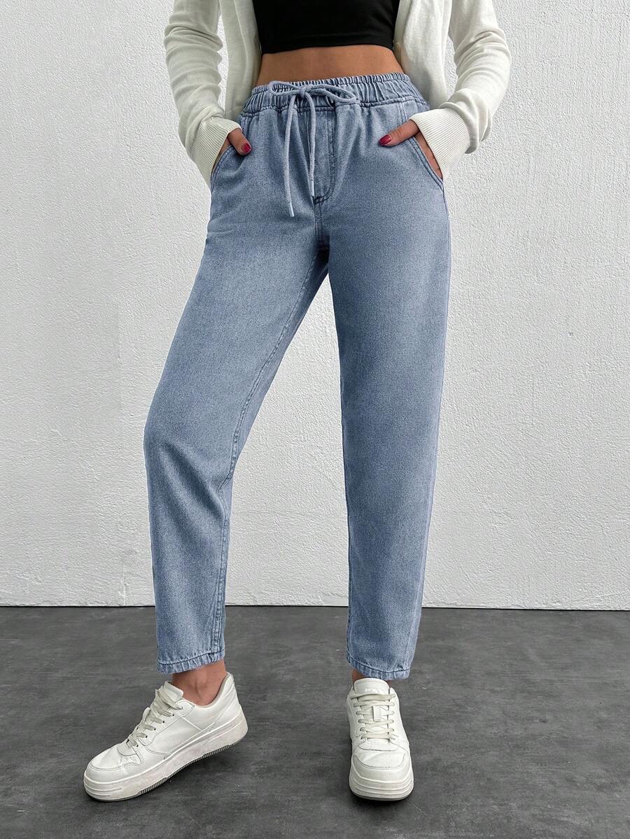 EURMUSE Women's Drawstring Waist Pocket Casual Tapered Leg Jeans - Dusty Blue - View 1