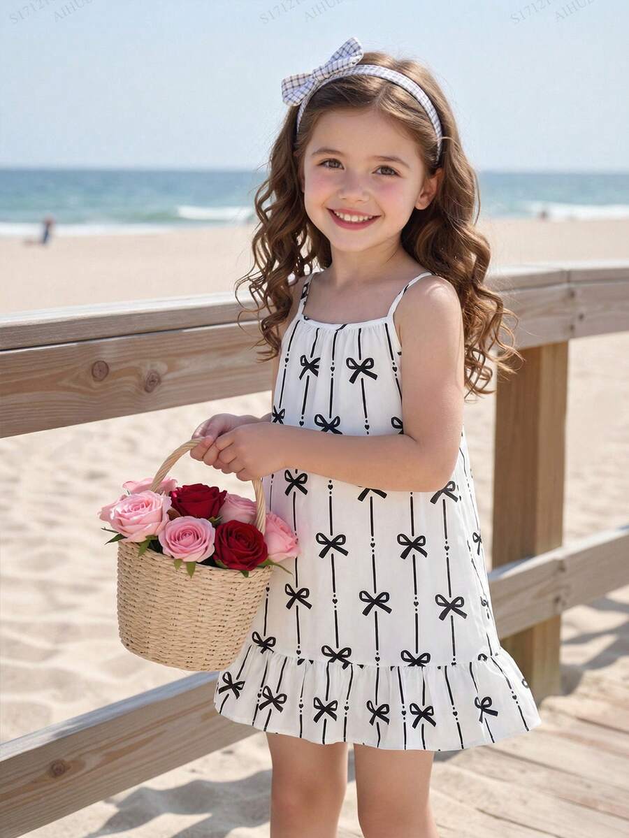 SHEIN Elladie kids Đầm maxi vải dệt nhiều màu sắc in kỹ thuật số, viền bèo nhún, dây đeo vai cho bé gái, thích hợp mặc hàng ngày vào mùa hè, đi chơi, du lịch, nghỉ mát và dự tiệc. - Đen và trắng - Xem 1