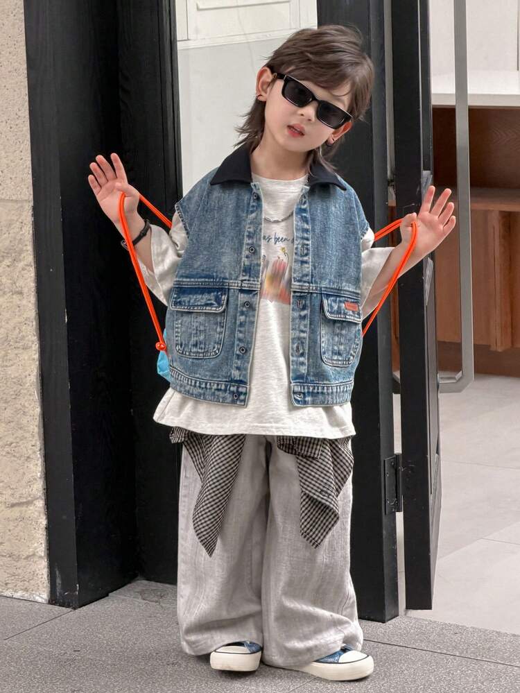 Young Boys' Fashionable Color Block Collar Sleeveless Front Button Denim Jacket Summer