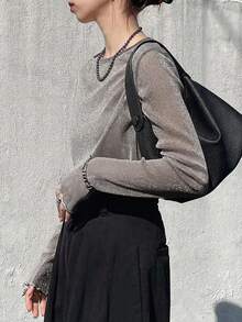 FRIFUL Women's Mesh Sheer Top, Summer Apparel - Grey - View 2