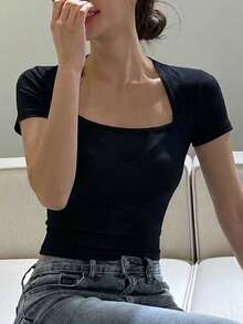 DAZY Camiseta ajustada de manga corta con cuello cuadrado y unicolor para mujer, de verano - Negro - Ver 3