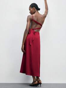 Maija Vestido largo ajustado de unicolor y escote espalda descubierta con detalle de torsión en los hombros, para mujer, de verano - amarillo ganso - Ver 2