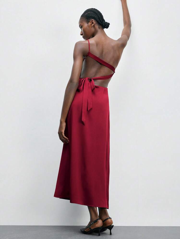 SHEIN Maija Women's Sexy Minimalist Solid Color Backless Twist Shoulder Fitted Long Dress, Summer, Summer Dresses, Summer Dresses For Women, Summer Outfits , Long Summer Dress For Women , Valentines Day ,Valentine's Day Outfit, Elegant Dresses For Party, Elegant Party Dresses For Women, Wedding Guest Dress , Weddings & Events , Elegant Dresses For Ladies , Vacation Outfits For Women, Vacation Dress, Holiday Clothes  Tie Back Dress Open Back Dress Red Dress Strap Dress Cut Out Dresses