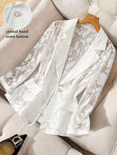 GlowEve CURVE Plus Size White Lace Textured Lightweight Jacquard Fabric Blazer