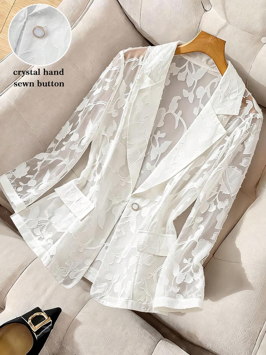 GlowEve CURVE Blazer Wanita Ukuran Plus Putih Musim Panas Elegan dengan Tekstur Renda dan Bahan Jacquard Ringan untuk Gaun Pesta, Jaket, Setelan Gaun, Kancing Kristal - Putih - View 1