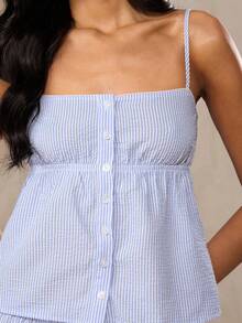 SHEIN BAE Blue & White Striped Casual Commuter Daily Cute Lapel Camisole Top And Low Waist Elastic Waist Striped Wide Leg Pants Set, Suitable For Back To School, Outing, Cute Set, Striped Set, Summer Set, Casual Set, Brunch Set,Blue Two-Piece Set, Vacation Two-Piece Set, Summer Two-Piece Set, Casual Two-Piece Set, Cruise Two-Piece Set, Beach Vacation Two-Piece Set, Blue Striped Two-Piece Set, Holiday Two-Piece Set. - Blue and White - View 8