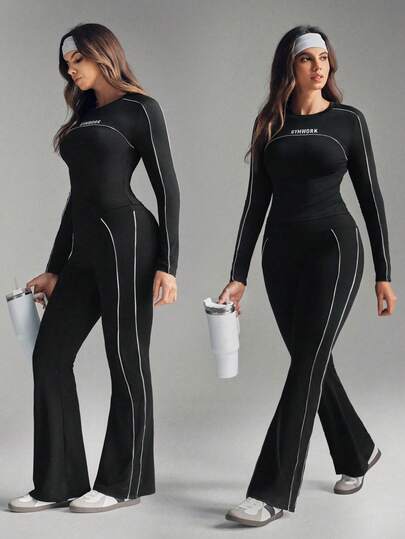 Rhythm Era Conjunto de yoga de manga larga con cuello redondo en negro y blanco para mujer de talla grande