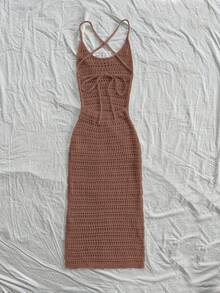 Elamini Fashionable Hollow-Out Sexy Women Knitted Slip Dress - Multicolor - View 2