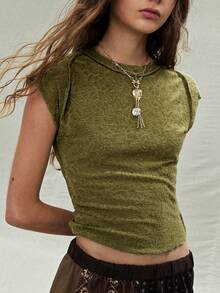 SoleilVie 女士新款波西米亚风休闲舒适百搭短款橄榄绿针织上衣，夏季女式上衣，军绿色女式上衣，基础款女式上衣，夏季针织上衣，绿色基础款针织上衣 - 軍綠色 - 查看 3