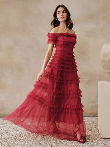 Anewsta 女士新款酒红色网纱喇叭连衣裙，春夏款，适合生日派对、婚礼、伴娘等场合，A字露肩连衣裙，红色长裙，红色荷叶边连衣裙，红色长款连衣裙，女士红色连衣裙 - 紅色 - 查看 4